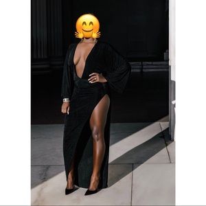 Black Deep Plunge High Slit Dress